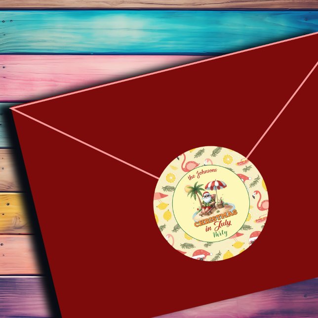 Tropical Beach & Santa Christmas in July Party Classic Round Sticker (Creator Uploaded)