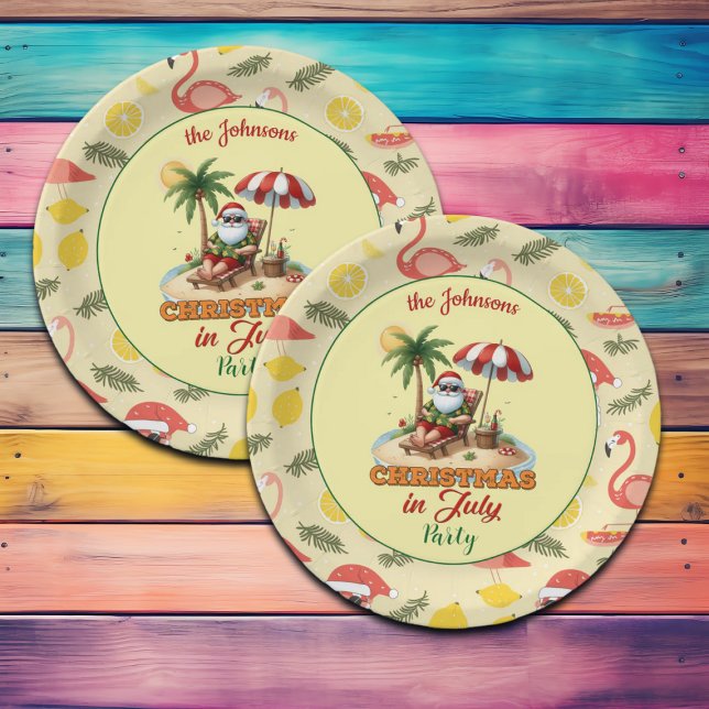 Tropical Beach & Santa Christmas in July Party Paper Plate (Creator Uploaded)