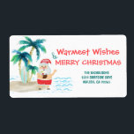 Tropical Beach Santa Christmas Return Address<br><div class="desc">Add some fun and festivity to your holiday mail with these cute Christmas return address labels. Santa is on vacation, surfing and relaxing on a tropical island beach. With his toes in the sand, a drink in his hand, palm trees and an ocean breeze he sends his "Warmest Wishes" and...</div>