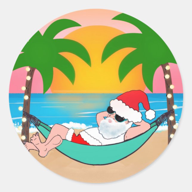 Tropical Beach Santa Palm Tree Christmas Classic Round Sticker (Front)