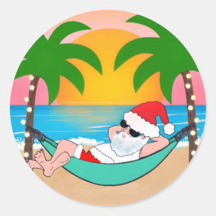 Tropical Beach Santa Palm Tree Christmas Classic Round Sticker