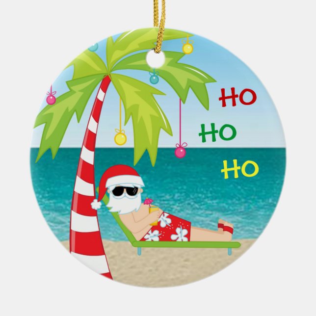 Tropical Beach Santa Palm Tree Christmas Ornament (Front)