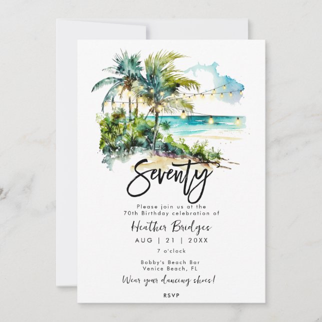 Tropical beach scene 70th birthday party invitation (Front)
