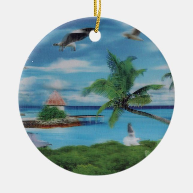 Tropical Beach Scene Art Print Ceramic Tree Decoration (Front)