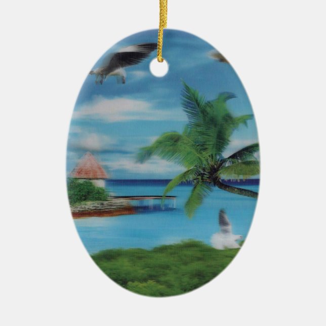 Tropical Beach Scene Art Print Ceramic Tree Decoration (Front)