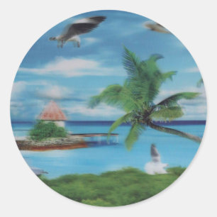 Tropical Beach Scene Art Print Classic Round Sticker