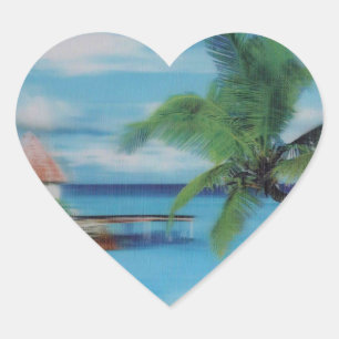 Tropical Beach Scene Art Print Heart Sticker