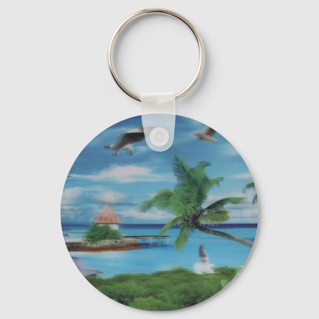 Tropical Beach Scene Art Print Key Ring (Front)