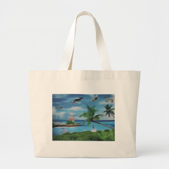Tropical Beach Scene Art Print Large Tote Bag (Front)