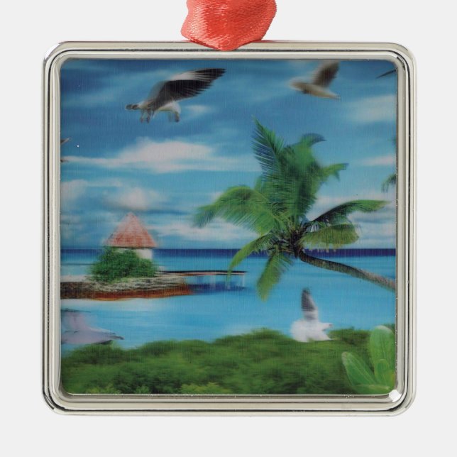 Tropical Beach Scene Art Print Metal Tree Decoration (Front)