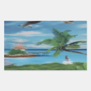 Tropical Beach Scene Art Print Rectangular Sticker