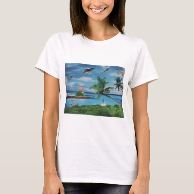 Tropical Beach Scene Art Print T-Shirt (Front)