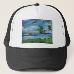 Tropical Beach Scene Art Print Trucker Hat