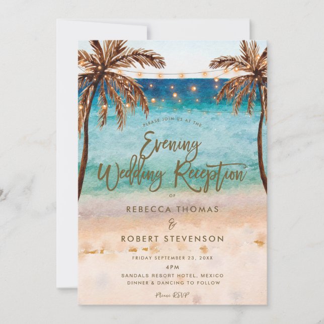 tropical beach scene evening wedding invitation (Front)