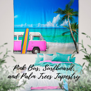 Tropical Beach Scene Fuchsia Pink Van & Surfboard Tapestry