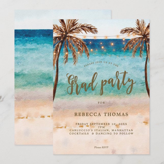 tropical beach scene graduation party invitation (Front/Back)