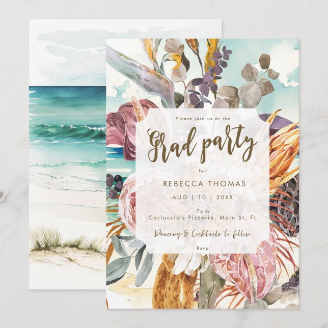tropical beach scene graduation party invitation (Front/Back)