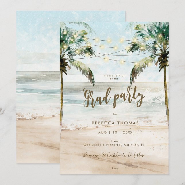 tropical beach scene graduation party invitation (Front/Back)
