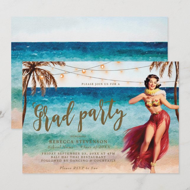 tropical beach scene graduation party invitation (Front/Back)