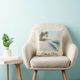 Tropical Beach Scene in a Watercolor Style Cushion