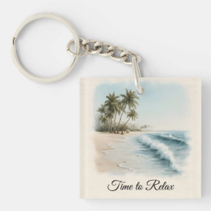Tropical Beach Scene in a Watercolor Style Key Ring