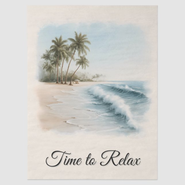Tropical Beach Scene in a Watercolor Style Tissue Paper (Front)