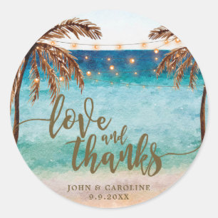 tropical beach scene love and thanks favor sticker