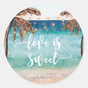 tropical beach scene love is sweet favors sticker