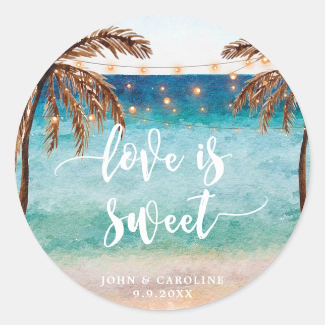 tropical beach scene love is sweet favors sticker (Front)