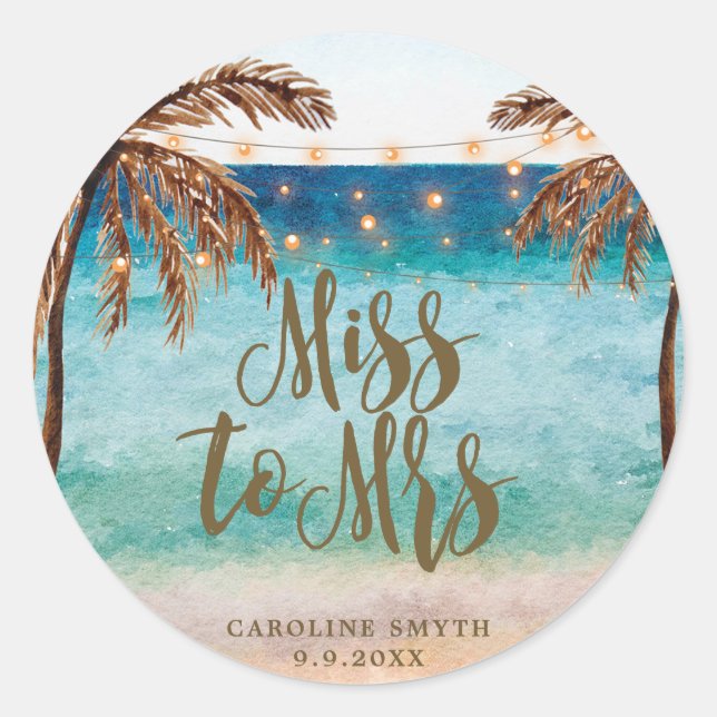 tropical beach scene miss to mrs favors sticker (Front)