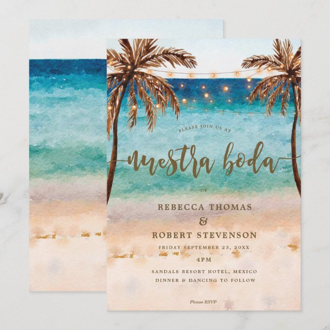 tropical beach scene nuestra boda invitation (Front/Back)