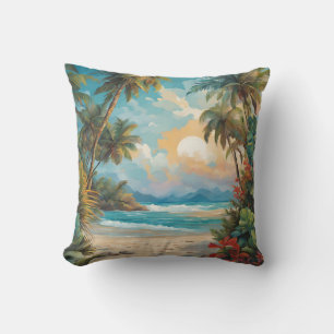 Tropical Beach Scene Red Flowers Cushion