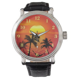 Tropical Beach Scene Sunset Palm Trees Watch
