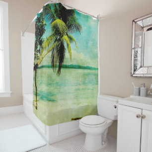 Tropical Beach Scene Vintage Painting Shower Curtain