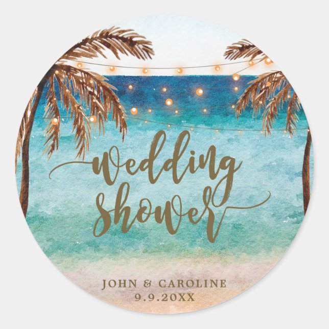 tropical beach scene wedding shower favor sticker (Front)
