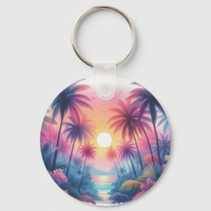Tropical Beach Scene With Pink Sunset Key Ring