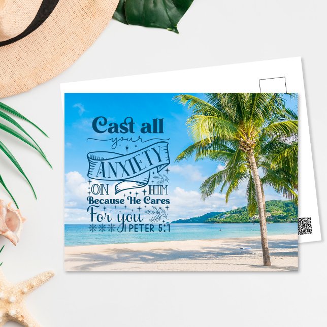 Tropical Beach Scenery, 1 Peter 5:7 Bible Verse Postcard (Creator Uploaded)