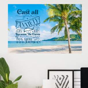Tropical Beach Scenery, 1 Peter 5:7 Bible Verse Poster