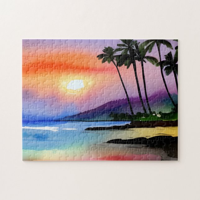 Tropical Beach Scenic Watercolor   Jigsaw Puzzle (Horizontal)