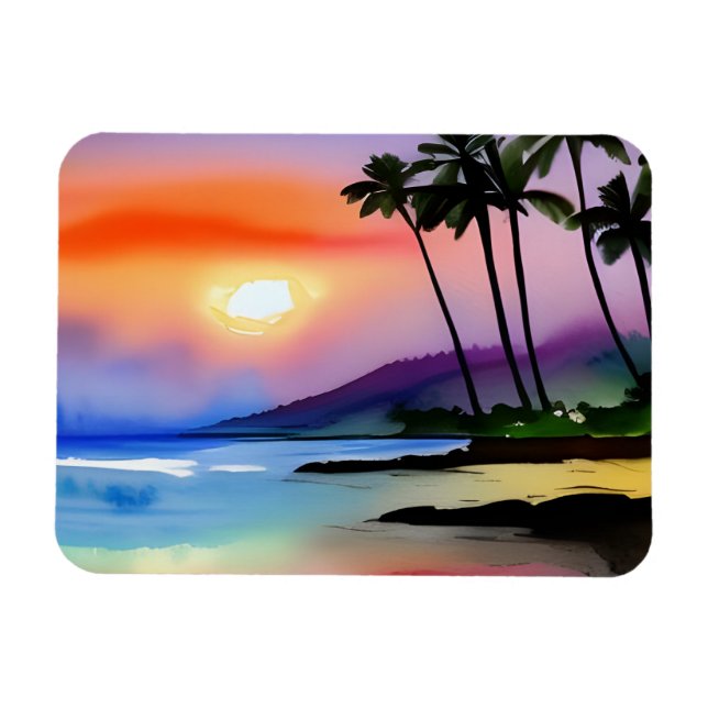 Tropical Beach Scenic Watercolor  Magnet (Horizontal)
