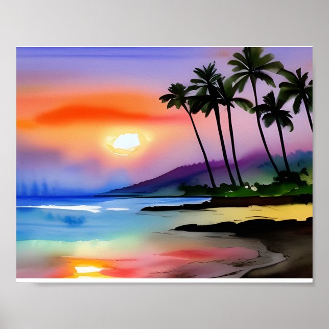 Tropical Beach Scenic Watercolor  Poster (Front)