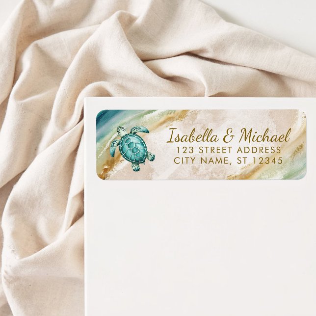 Tropical Beach Sea Turtle Gold Return Address (Creator Uploaded)