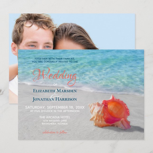 Tropical Beach Seashell Modern Photo Wedding Invitation (Front/Back)