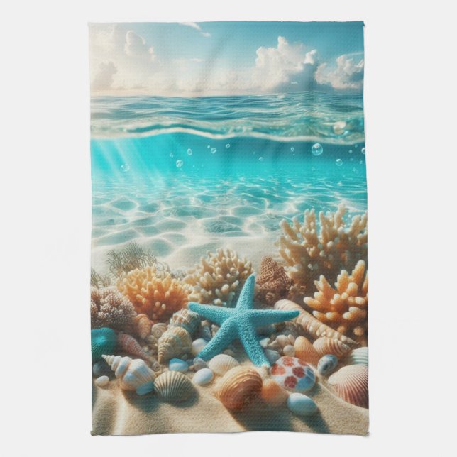Tropical Beach Seashells And Starfish Tea Towel (Vertical)