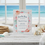 Tropical Beach Seashells & Coral Wedding Save The Date<br><div class="desc">Nautical, "Under the Sea" theme wedding Save the Date card features a watercolor coral reef and seashells (starfish, conch and scallop shells) in shades of aqua, navy blue, mint, coral, and pink. Coordinates with my "Tropical Reef" collection and is perfect for beach, ocean, nautical, coastal, summer and destination wedding themes....</div>