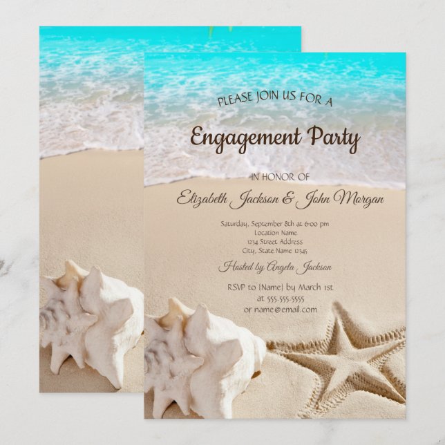 Tropical Beach,Seastar,Seashell Engagement Invitation (Front/Back)