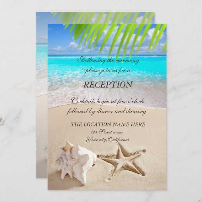 Tropical Beach,Seastar,Seashell  Reception Invitation (Front/Back)