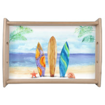 Tropical Beach Serving Tray with surf Boards