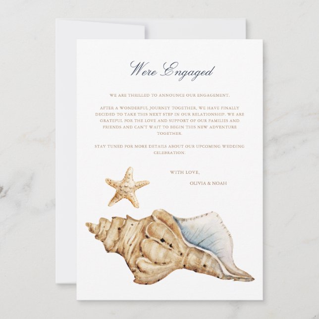 Tropical Beach Shell Engagement Announcement Card (Front)