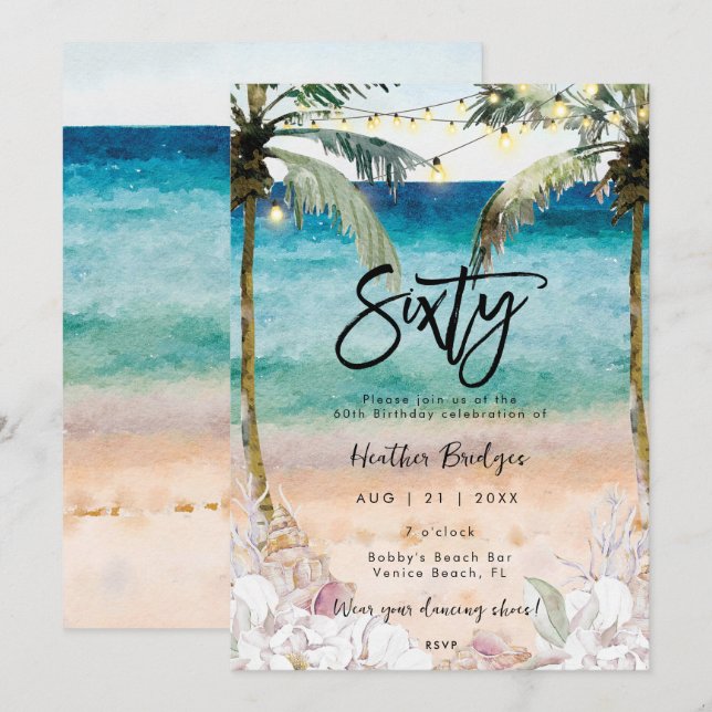 Tropical beach shells 60th birthday party invitation (Front/Back)
